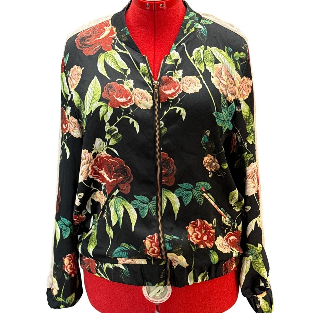 I Jeans by Buffalo Black Rose Gold Zip Up Floral Bomber Jacket Women Large